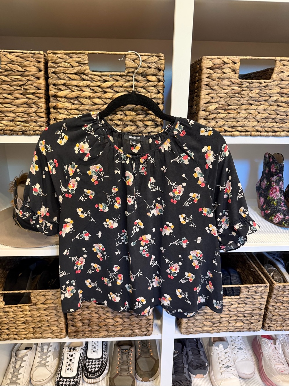Madewell Black Floral Short-Sleeve Blouse with Colorful Bloom Print
